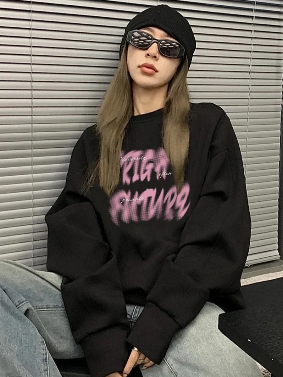 Amerikanischen Retro runde Ne Sweatshirt frauen Herbst High Street Paar Overhead Mantel Fuzzy Brief Drucken Straße Sle