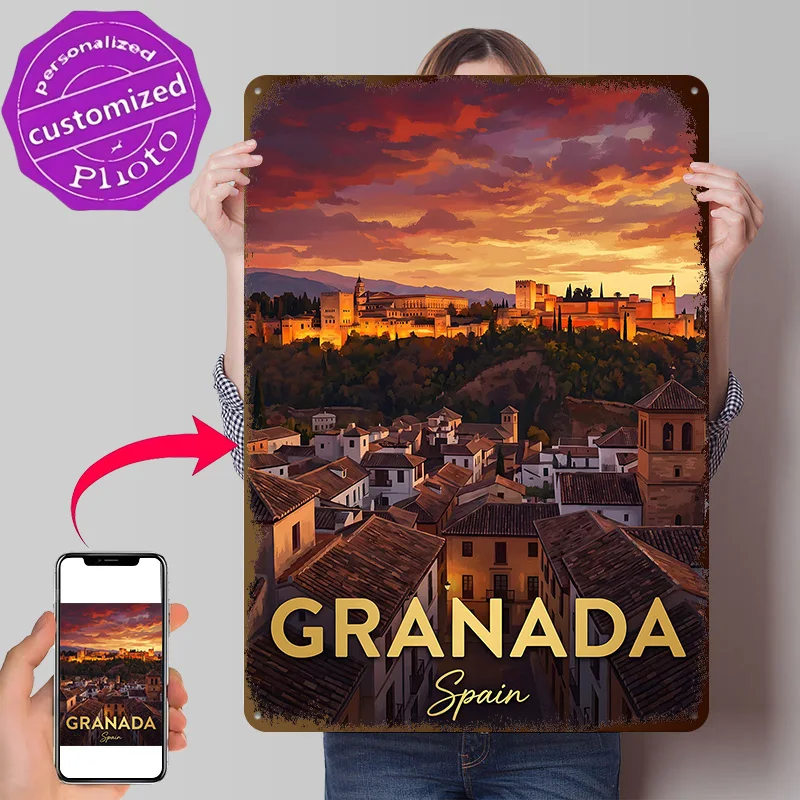 Granada Spain Cityscape At Sunset Metal Poster Perfect Gift for Fans Lovers Personalized Wall Art Metal Sign for Wand Deko Decor