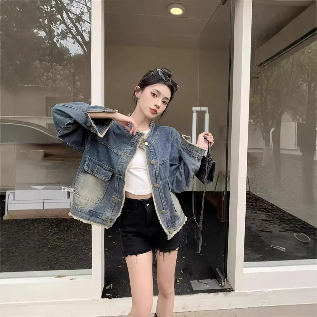 Women's Vintage Design Sense Rust Collar Jacket Loose Slim Fit Denim Jacket for Spring And Autumn Small Men's Style