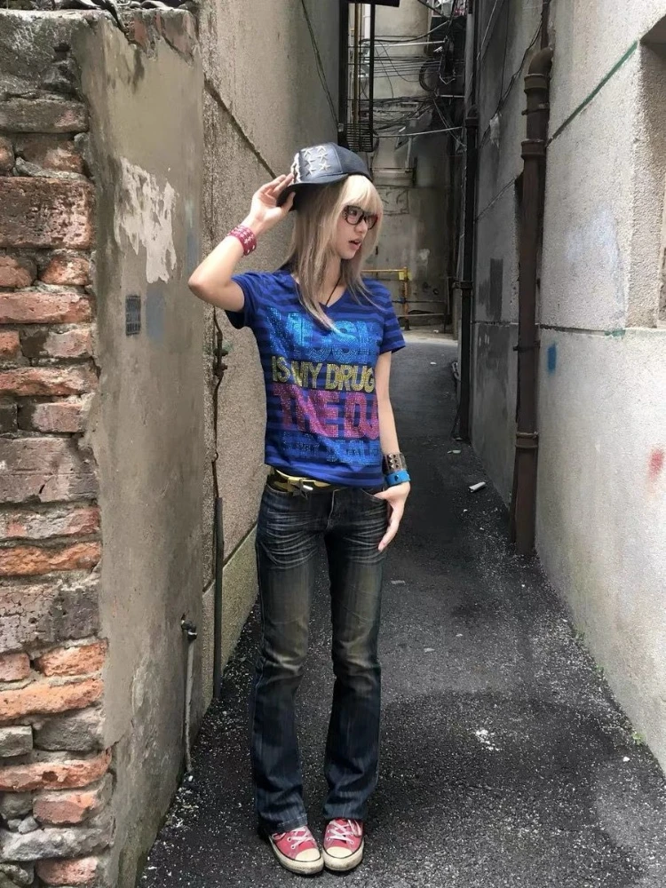 Korean Sexy Girl Short Sleeve T-Shirt Rhinestone Patchwork Strip Women Streetwear Bodycon Top Gothic Vintage Spring Summer