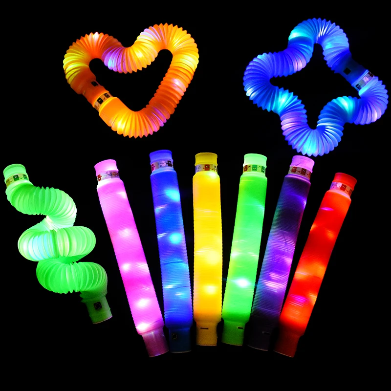 

6Pcs Fun Pop Tubes Flash LED Telescopic Tube Adult Children Stress Relieve Sensory Toy Plastic Bellow Stretch Squeeze Kids Gifts