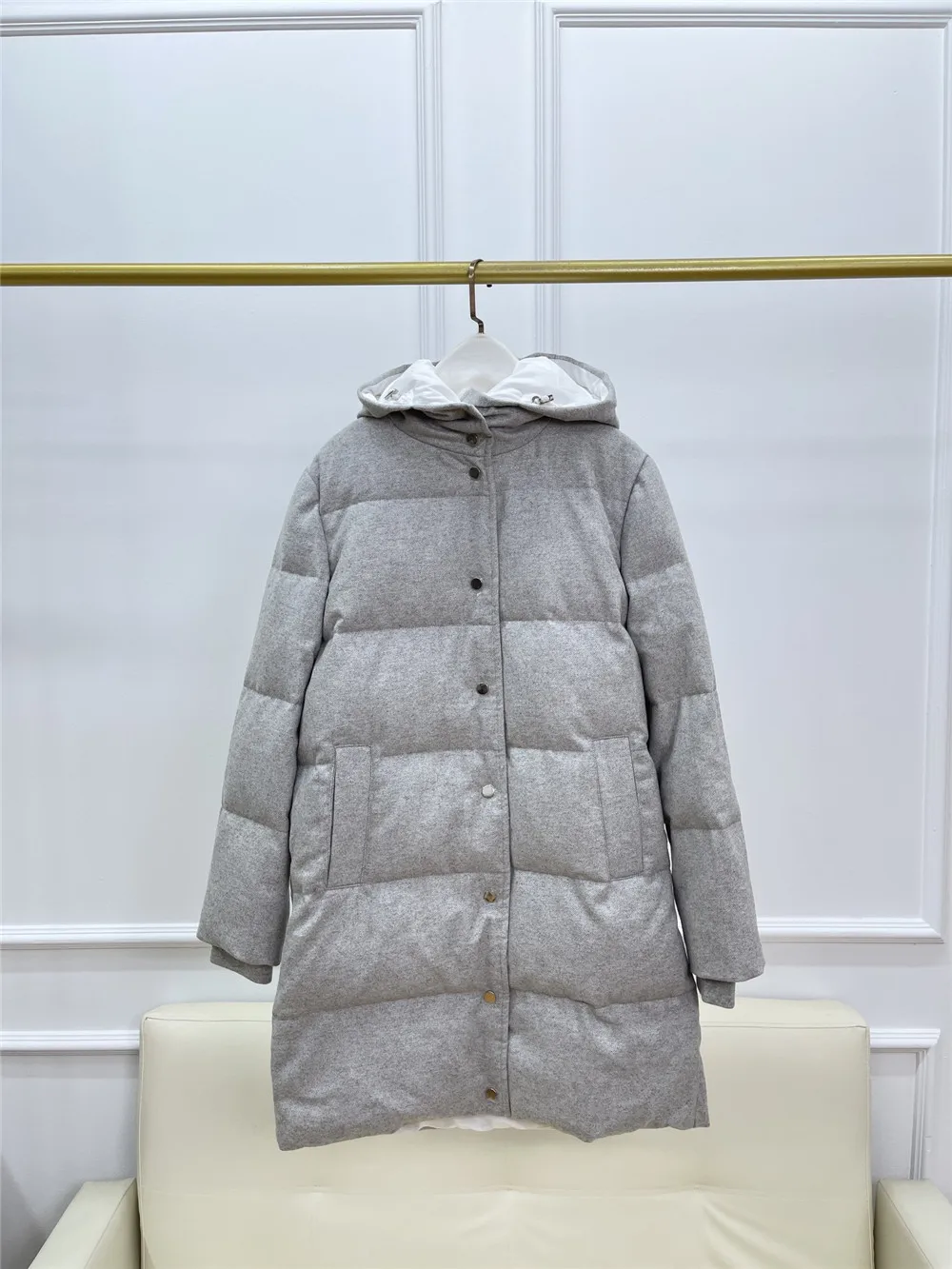 2024 Women's Fake Two-Piece Hooded Wool Cashmere Goose Down Jacket Winter Thick Warm Mid-Length Bread Coat