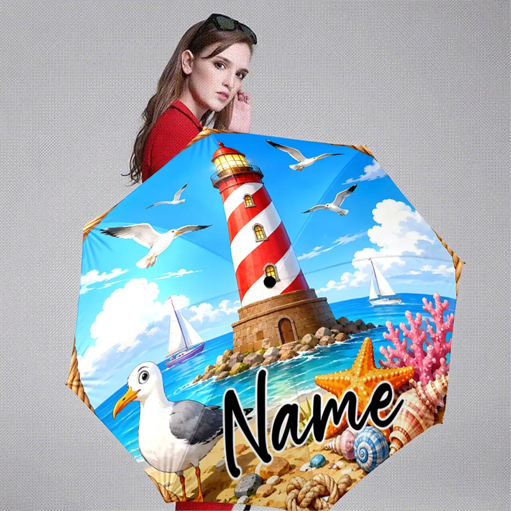 Custom Name Umbrella Cartoon Seaside Lighthouse Sailboat Seagulls 8 Iron Ribs Folding Umbrella Auto-Open Fashion Sunshade
