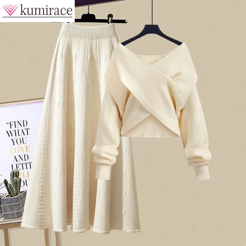 

Cross Knit Sweater on Chest Slim Fitting Half Knit Skirt Two Piece Elegant Women's Skirt Set Autumn and Winter Outfits