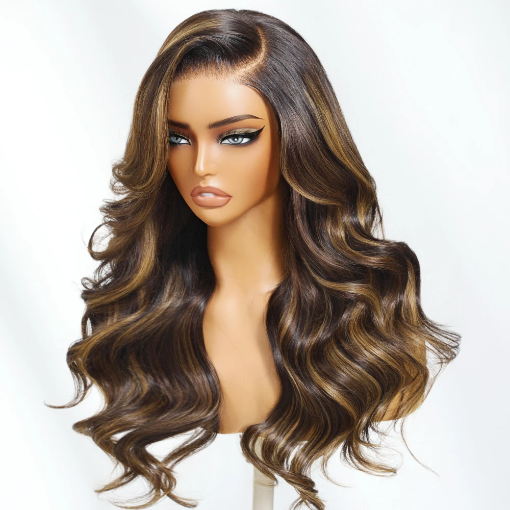 UNice Dark Brown Body Wave Wig With Caramel Highlights Left Side Part Body Wave Human Hair Glueless Drawstring Wig 150% Density