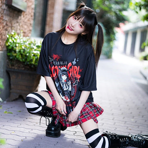 2026 Mode Neuer Gothic-Stil Vampir-Mädchen Bedrucktes Kurzarm-T-Shirt für Kinder/Erwachsene im Dunklen Stil SPOOKY GIRL Schulterfreies Oberteil – Detail 6