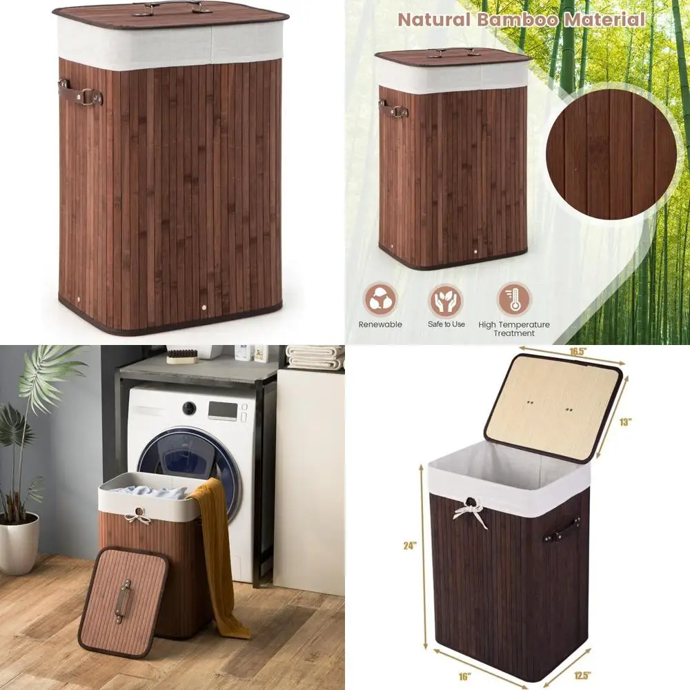 

Large 72L Bamboo Laundry Hamper with Removable Liner and Handles, Tall Rectangular Clothes Basket