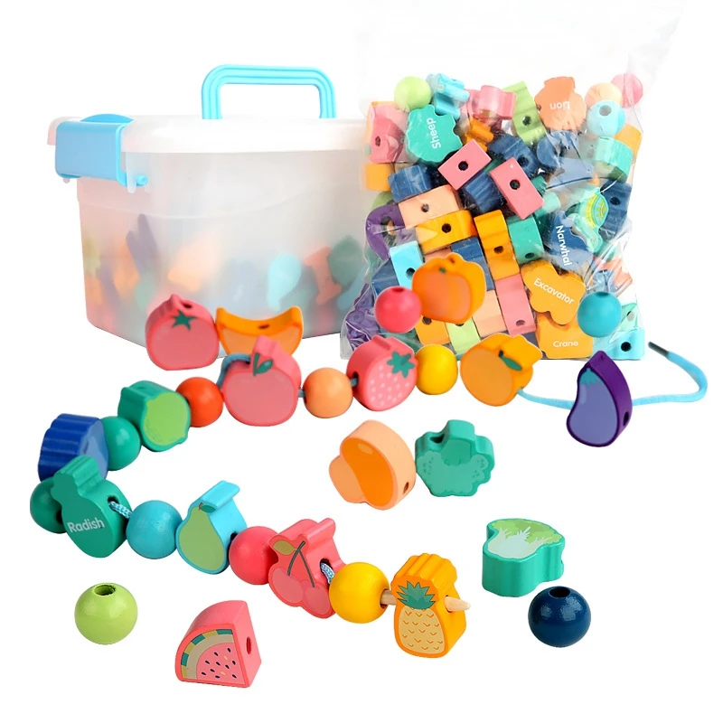 

Wooden Toy Alphanumeric Animal Traffic Shape Large Particles Cartoon Blocks Baby Enlightenment Wood String Bead Toy