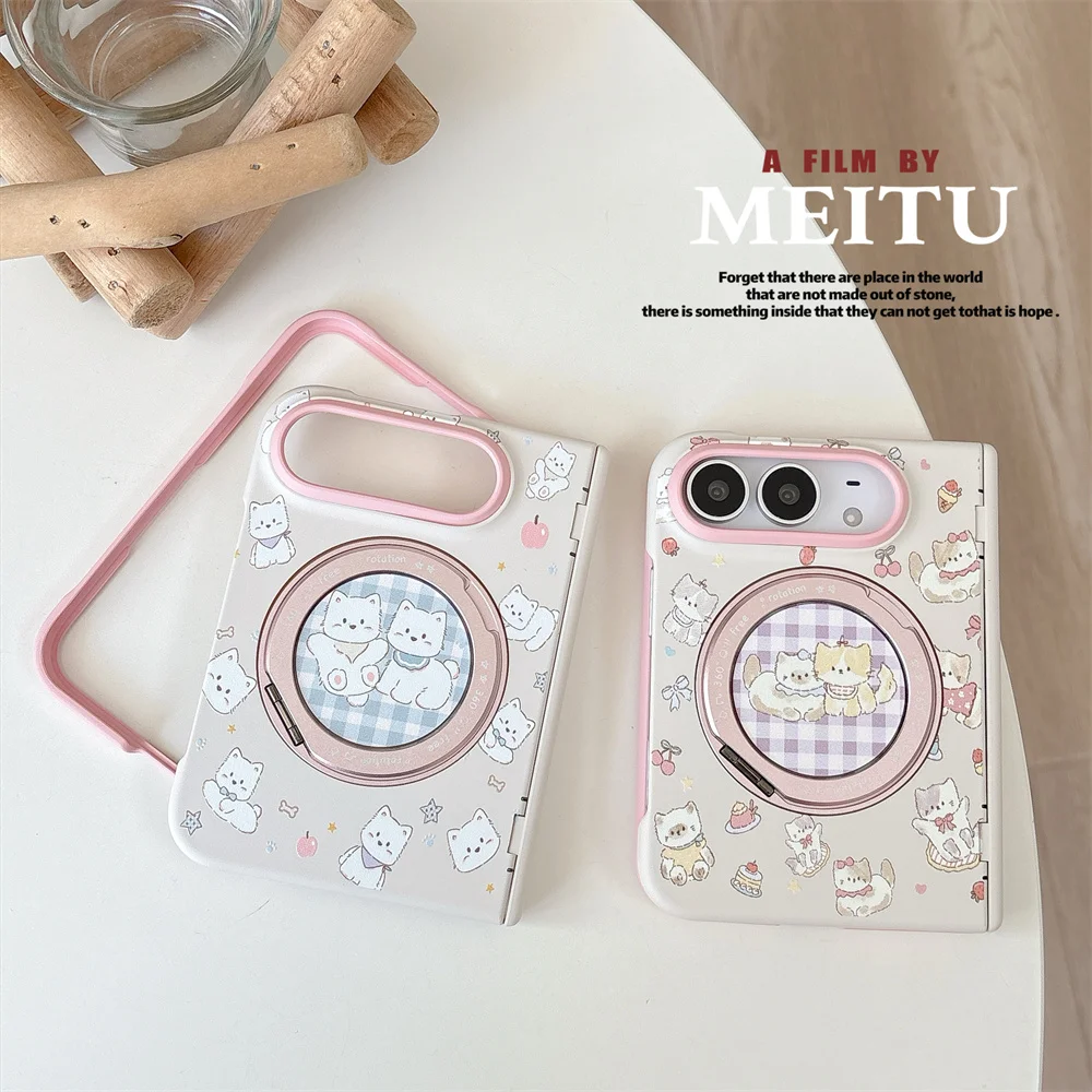 Cute Plaid Cat Cartoon Magnetic Phone Case For iPhone Duo 360°Rotatable Ring Stand Lovely Shockproof Protective Phone Cover