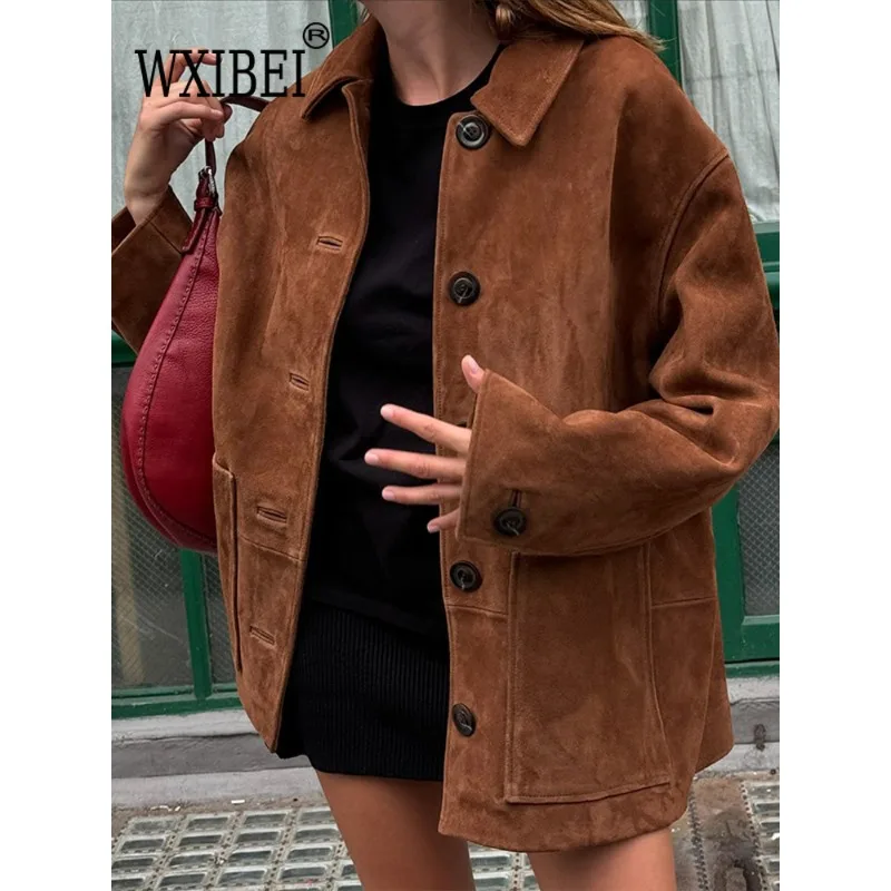 Veste Marron à Simple Boutonnage pour Femme, Manteau Court à Manches sulf, Chaud, Décontracté, Automne 2024