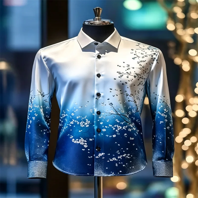2026 New Men's Long-Sleeve Shirt – 3D Plum Blossom Gradient Print, 11 Colors, Collared Casual Button-Down – Stylish Men's Top