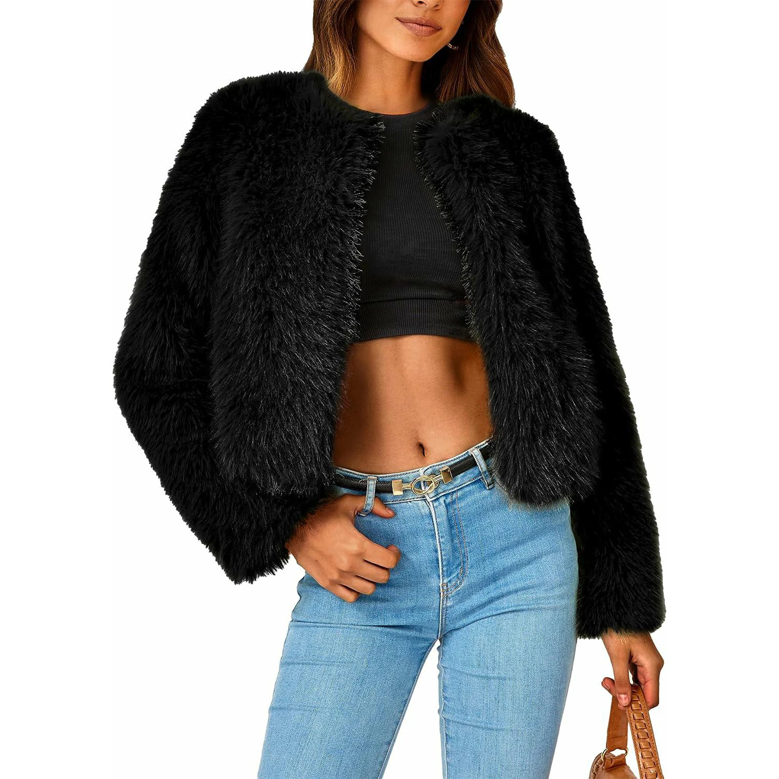 Women\'s Elegant Winter Faux Fur Coats Cardigans Fleece Cropped Jacket Solid Color Long Sleeve Shaggy Warm Outerwear Coats