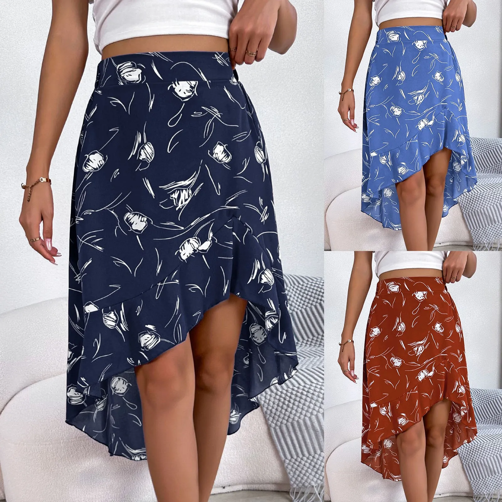 

Style Summer Women's Spring Summer Casual Flower Asymmetric Ruffle Edge Skirt For Ladies High Waist Chic Skirts