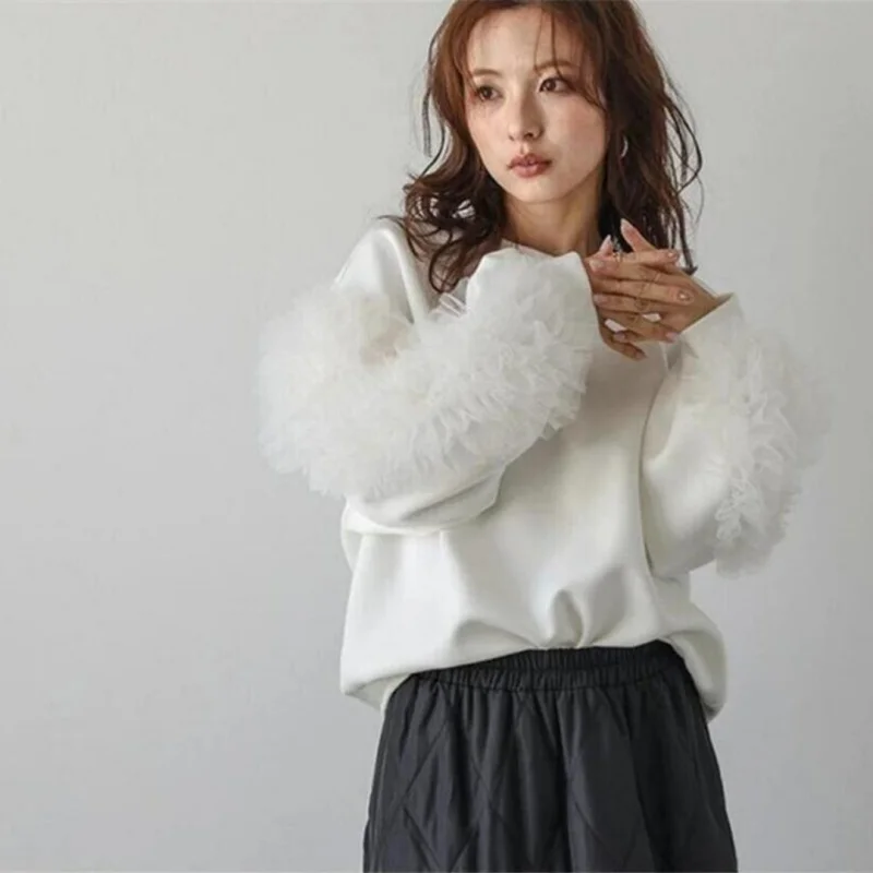 فضفاضة تناسب جولة Ne Long Sve هوديي المرأة الكورية Sle رقيقة الحجاب الدانتيل تقليم قطرة الكتف الخريف الشتاء وصول جديد