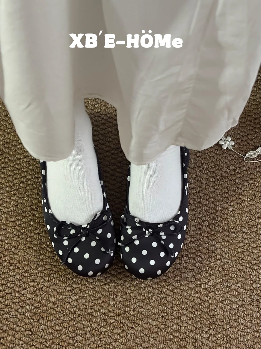 polka-dot-knot-silk-slip-on-ballet-flats-thin-bottom-commute-women's-fashion-single-shoes-round-toe-flat-heel