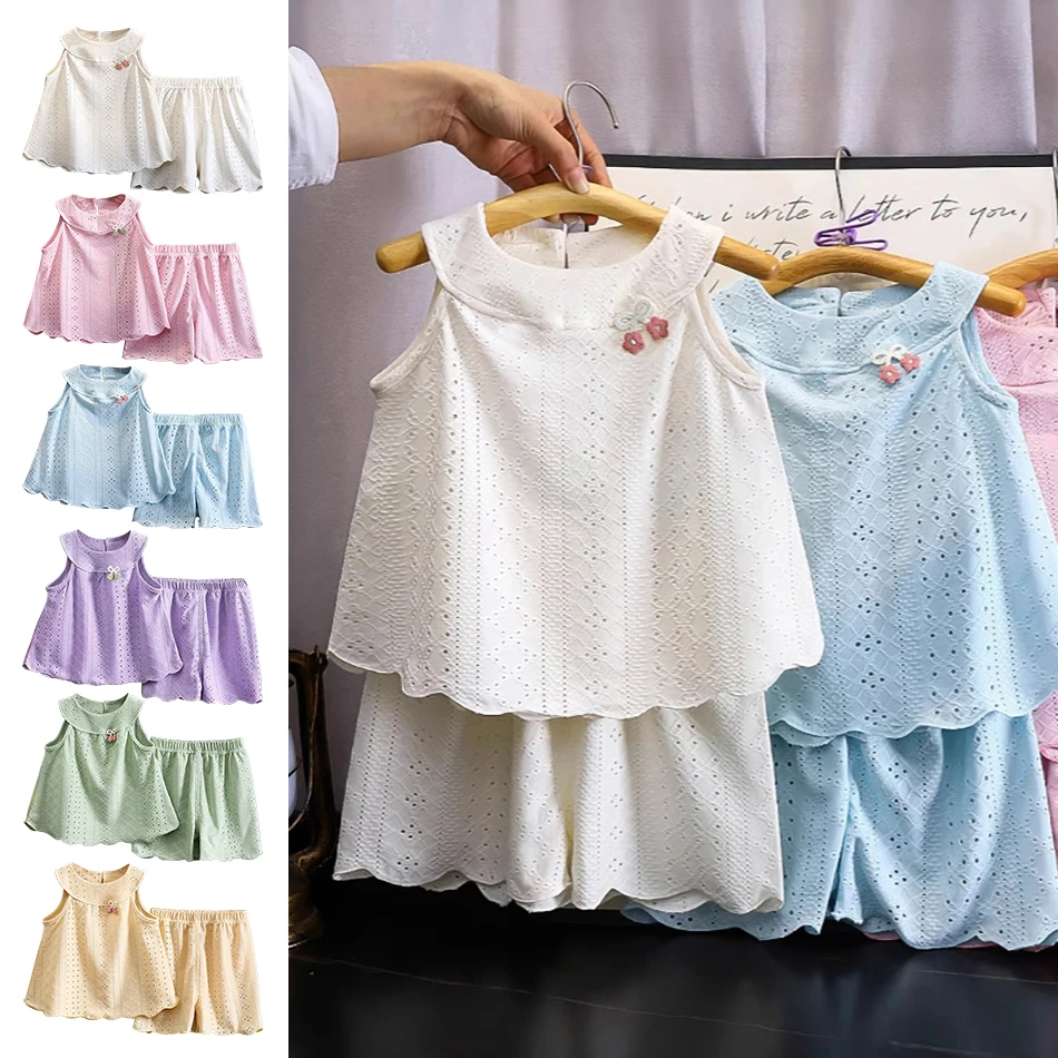 

2Pcs Summer Rural Style Baby Ruffle Edge Vest Set Girls Camisole Skirt Pants Sets Kids Hollowed Out Jacquard Breathable Mesh Top