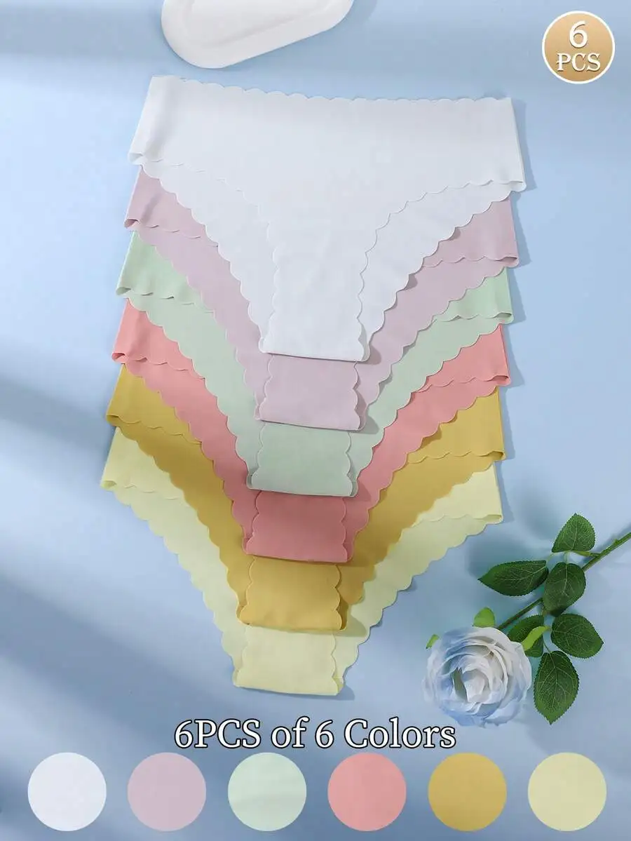 

6pcs Women Silky Wavy Edge Solid Color Bikini Briefs Comfortable Underwear