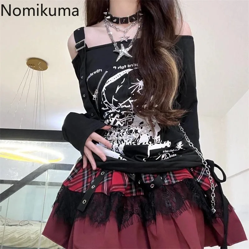 Harajuku Women Y2k T Shirts Streetwear Gothic Punk Tees 2024 Ropa Mujer Print Drawstring Casual Fashion Slash Neck Tshirts Tops