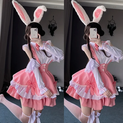 여성 스위트 핑크 로리타 원피스, 일본 카와이 여고생 메이드 코스프레 코스튬, 할로윈 토끼 소녀 웨이트리스 유니폼 원피스, 2025 