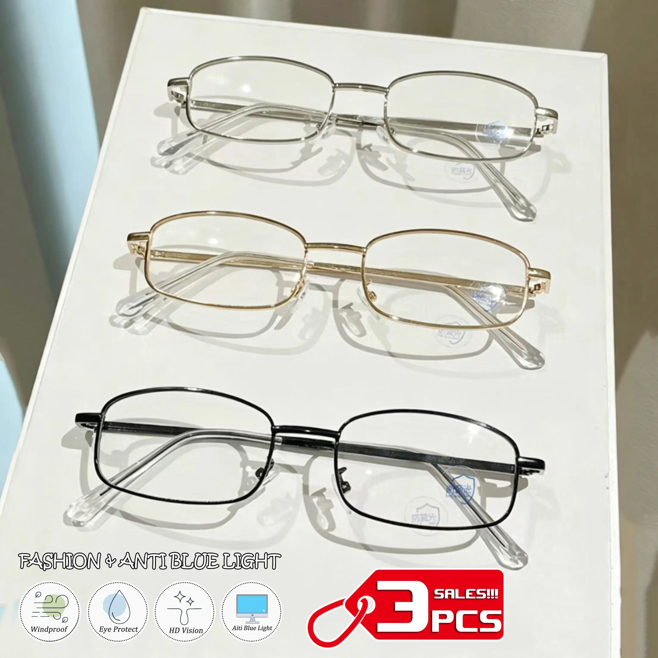 3Pcs Y2K Harajuku Small Square Frame Glasses Women Retro Metal Eyeglasses Clear Spectacle Decorative Eyewear