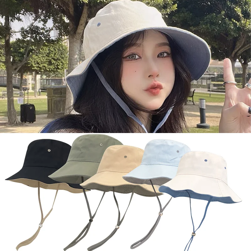 Sunscreen Sun Cap Summer Drawstring Fisherman Hat Women Lady Girls Outdoors Travel Sunshade Solid Color Bucket Hat Fashion Caps