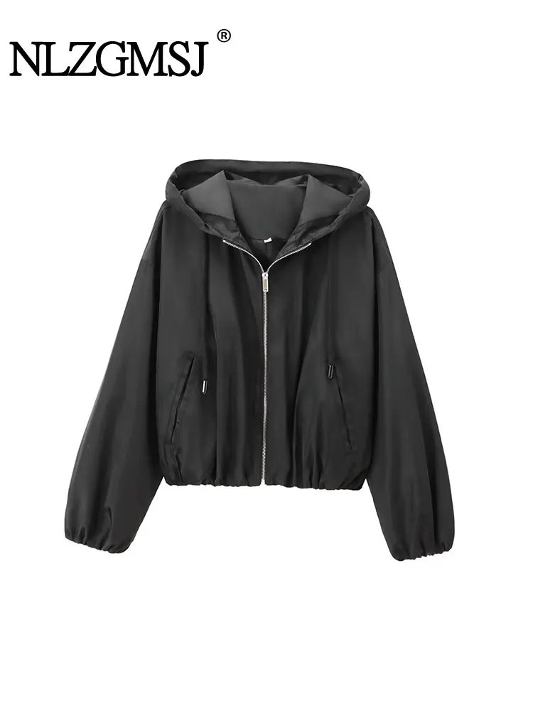 TRAF 2024 Autumn Women Bomber Jacket Hooded Long Sleeve Zipper Loose Coat Female Oversize Top Y2K Thin Outerwear