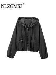 TRAF 2024 Autumn Women Bomber Jacket Hooded Long Sleeve Zipper Loose Coat Female Oversize Top Y2K Thin Outerwear