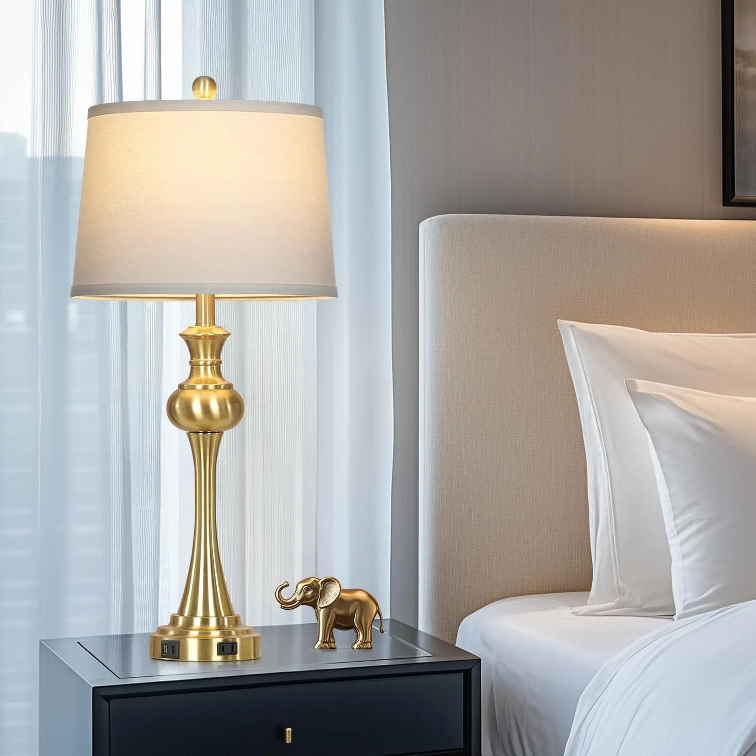 โคมไฟสัมผัสสีทอง 28.75 นิ้ว ชุด 2 ชิ้น, โคมไฟตั้งโต๊ะข้างเตียงทองเหลืองโบราณ พร้อมพอร์ต USB-C และปรับความสว่างได้ สำหรับห้องนั่งเล่น ห้องนอน