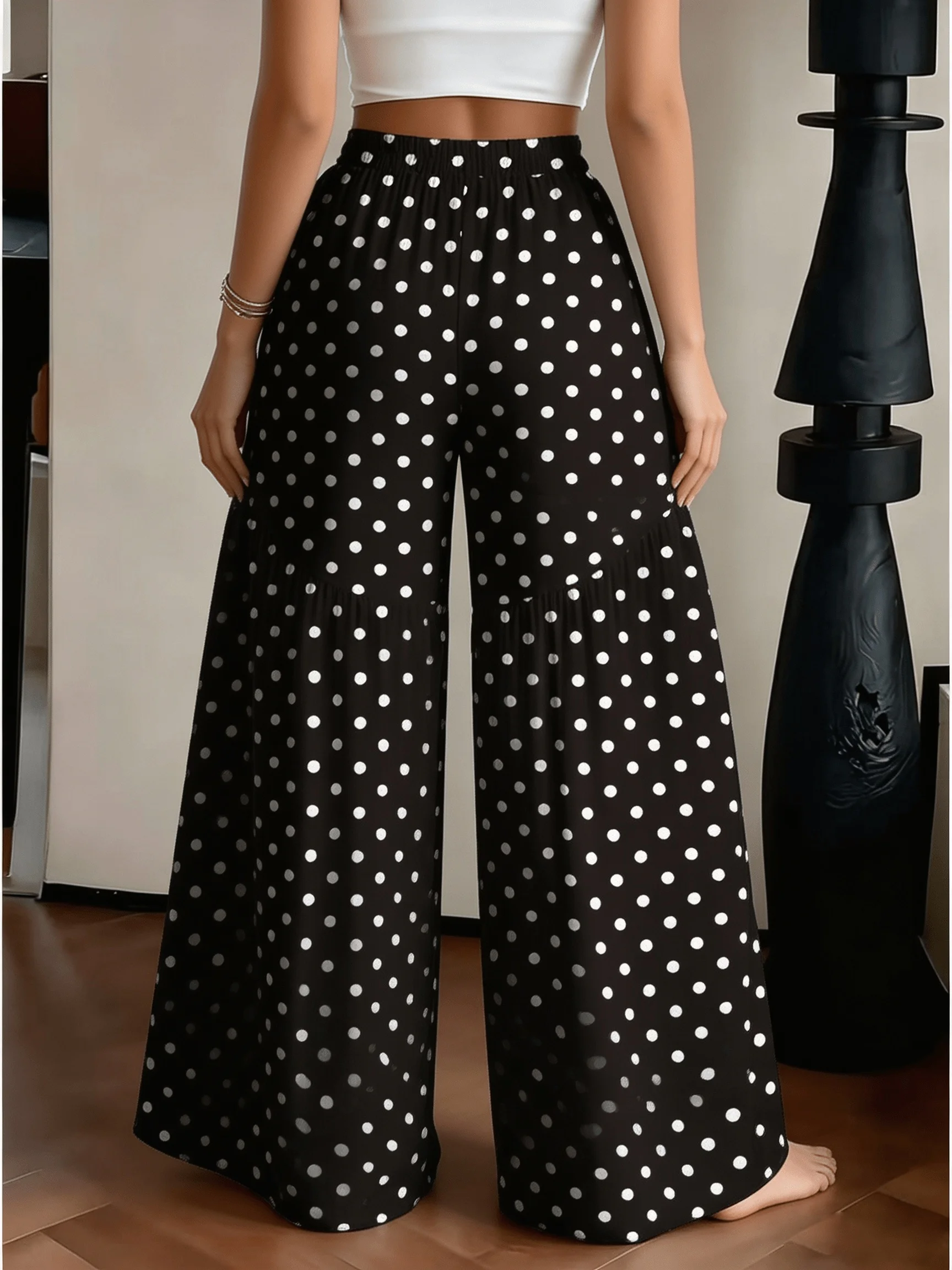 Damen-Freizeithose, elegant, einfarbig, mit Punktmuster, elastischer Bund, weites Bein, lange Hose, bequeme Passform, modisch – Detail 3