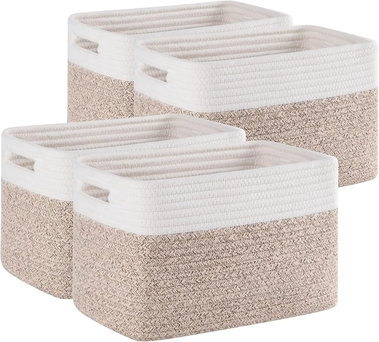 4 Pack Woven Storage Baskets for Organizing Toys, Books, Towels & Clothes - Durable Brown & White Bins