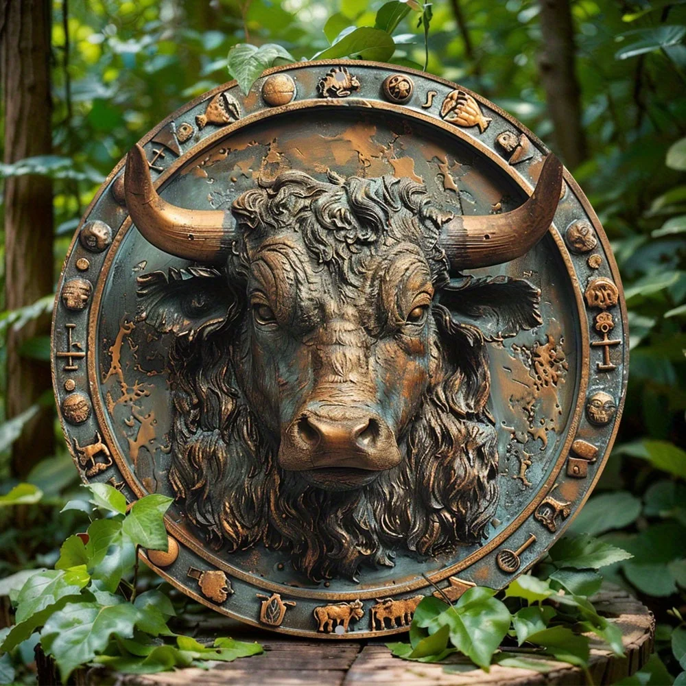 8 Inch 2D Round Zodiac Ox Aluminum Sign Flat Wall Decor for 