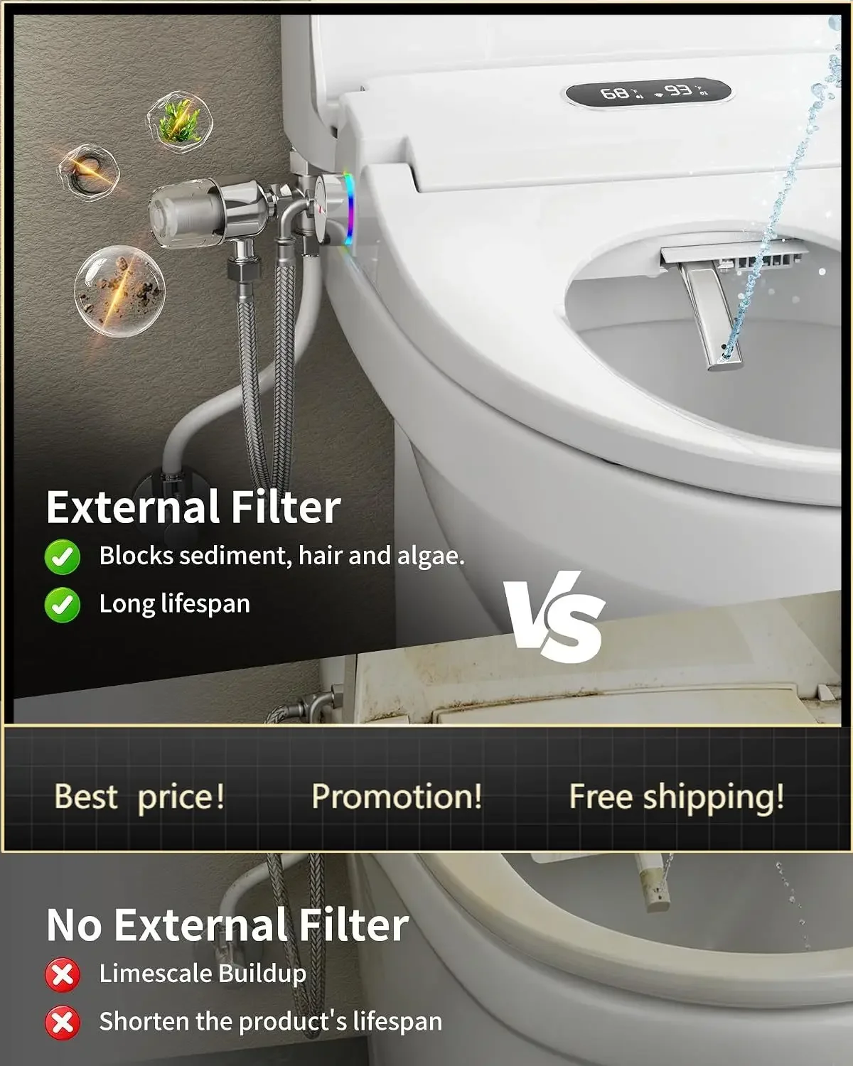 Brand new fast shippingBestsellerSmart Bidet Seat with Remote Control for Elongated Toilets | Dual User Memory, External Filter,