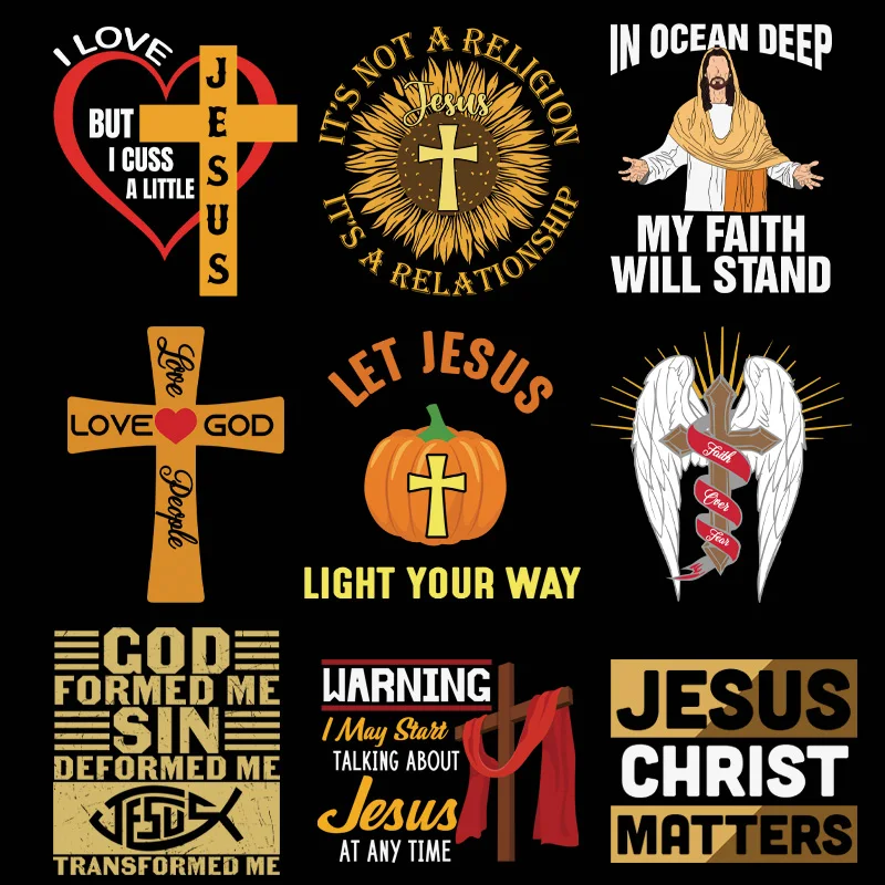 

9piece The Cross of God Heat Transfers Printing Iron On Patches For Clothing Press Transfer Words DIY Applique On Clothes Acce