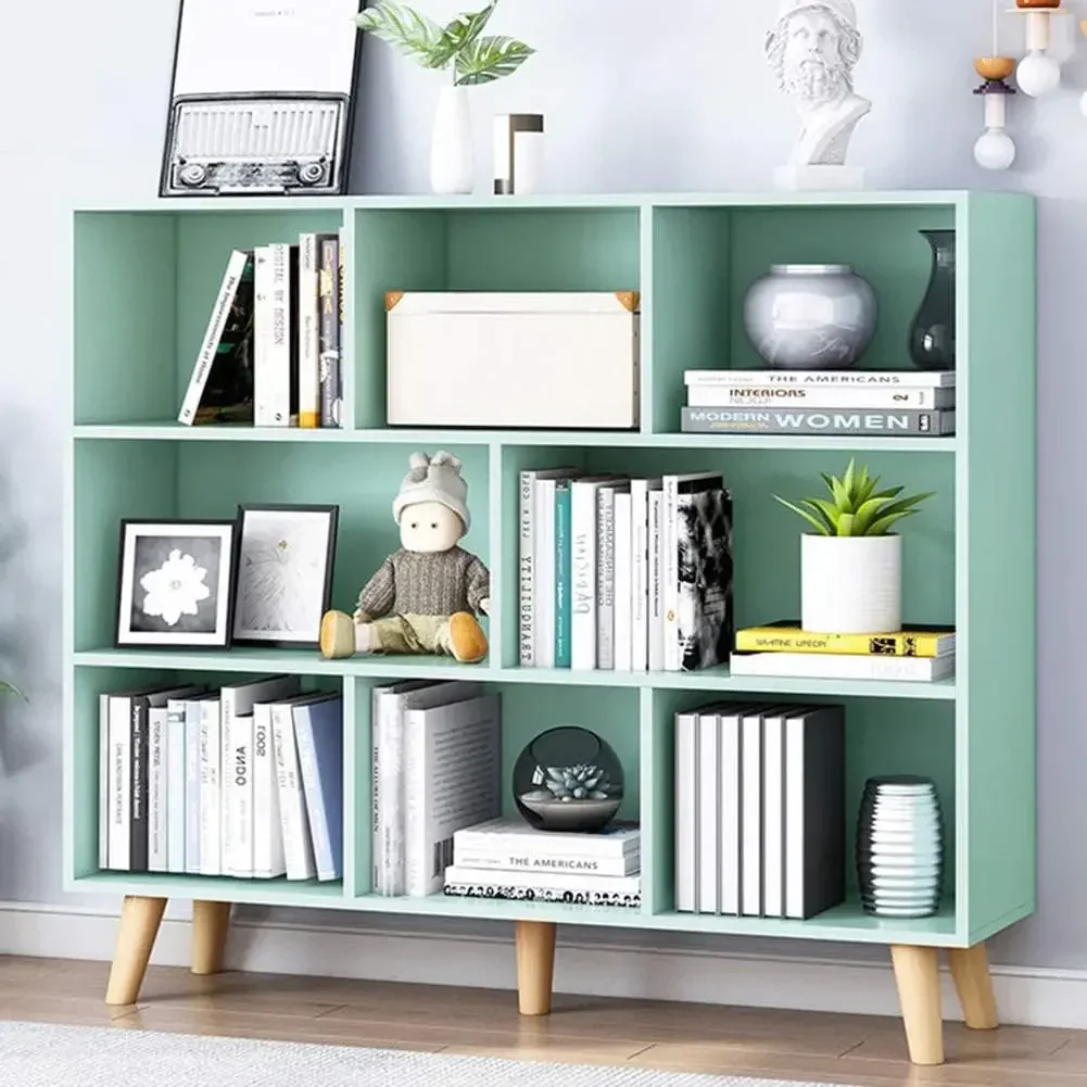 Bibliothèque à étagère ouverte en bois – Présentoir sur pied à 3 niveaux avec pieds, bibliothèque à 8 cubes, vert Tiffany