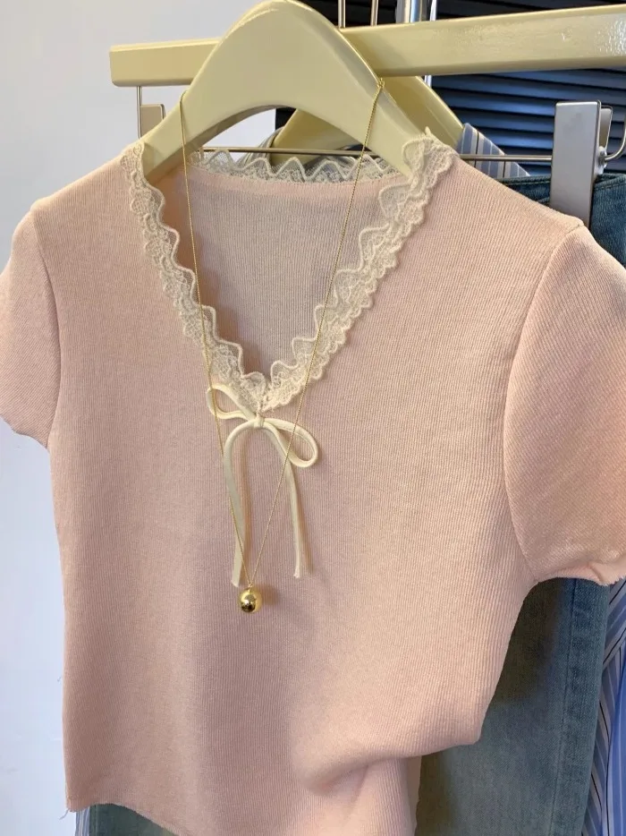 فضفاض الدانتيل تقليم مربوط ort Sve تي شيرت المرأة الصيف Faion العمر-Defng V-Ne الأعلى الكورية Sle لباس غير رسمي