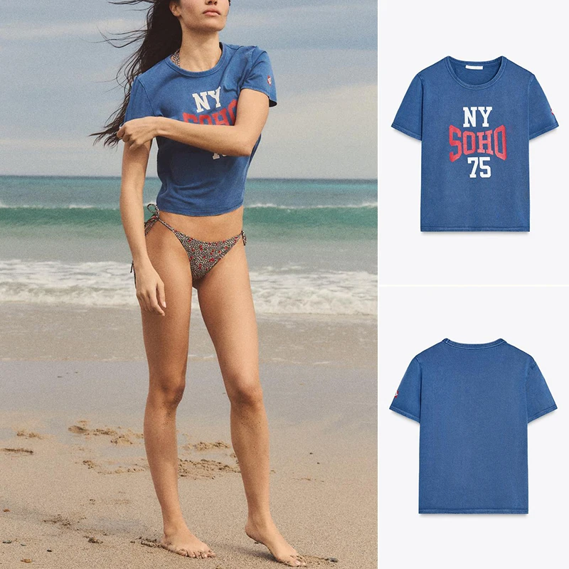 Cseta de Manga Corta con Cuello Redondo y Estampado Estilo Universitario para Mujer, Primavera-Verano, Nueva, Efecto d...