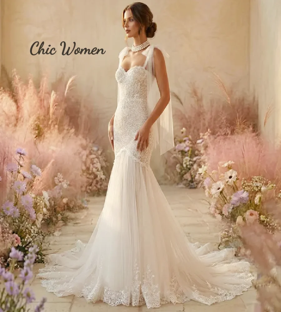 Elegant Bohemian Mermaid Wedding Dress With Straps Charming Appliques Lace Boho Bridal Gowns 2026 Sweetheart Tulle Civil Bodas