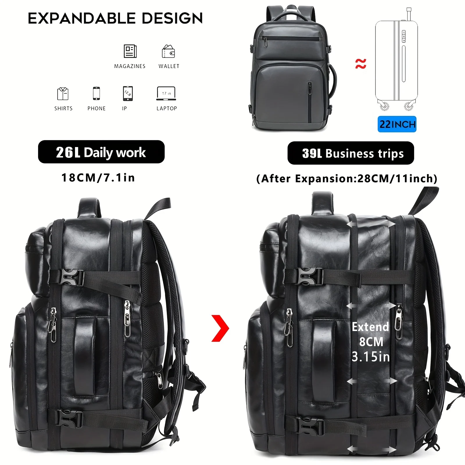 Mochila de viaje, mochila de mano aprobada por vuelo, bolsa de día para computadora expandible impermeable, parte trasera negra