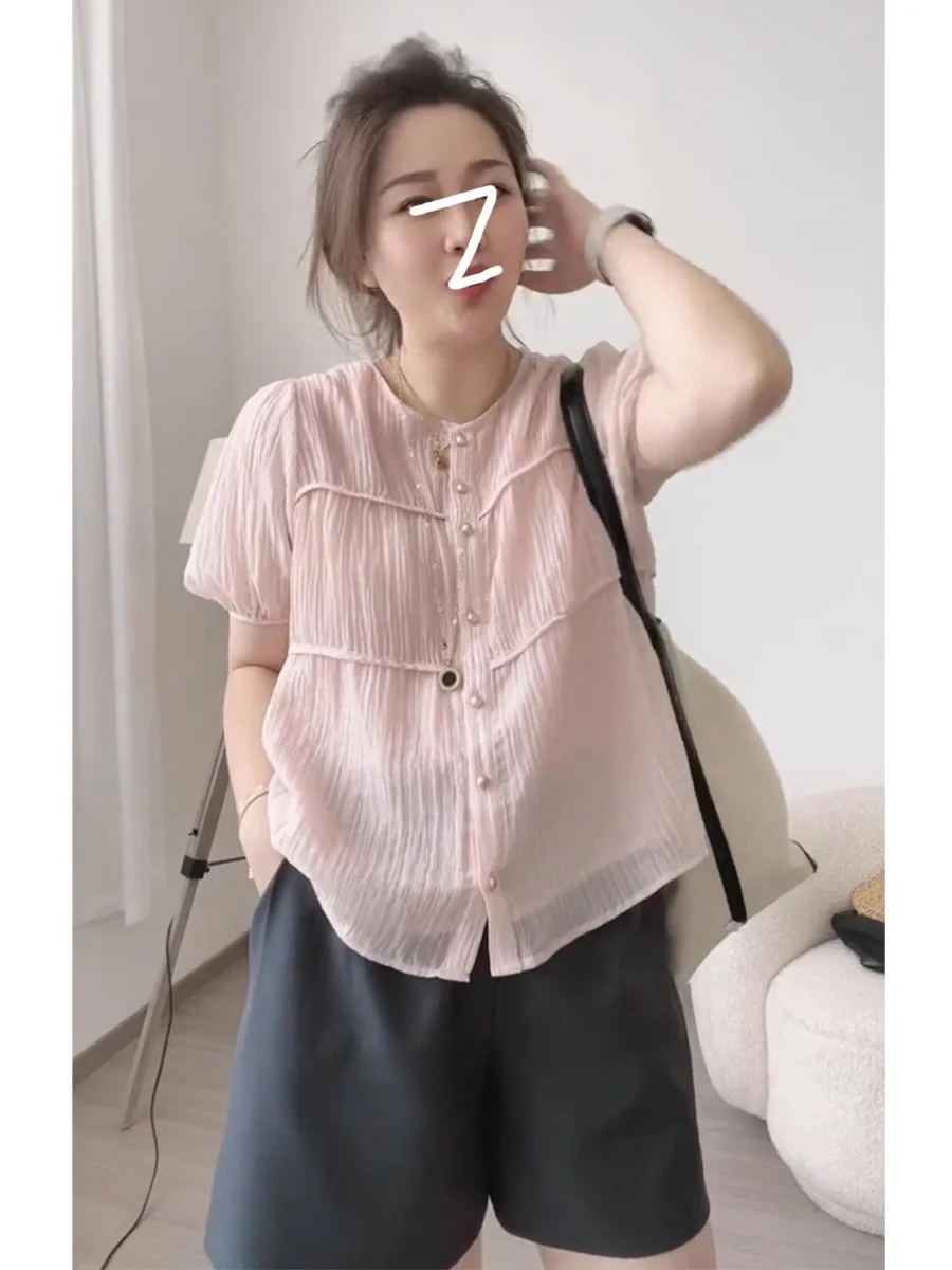 

Slimming plus Size Summer Shirt Cover Belly Elegant Short Sleeve Korean Style Bubble Sleeve Casual Gentlewoman's Top for Women