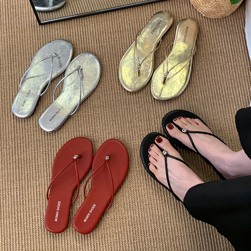 

Silver Flat Bottom Simple Versatile Women's Sandals Summer New Holiday Style Beach Cool Slippers Flip Flops Thong Slippers