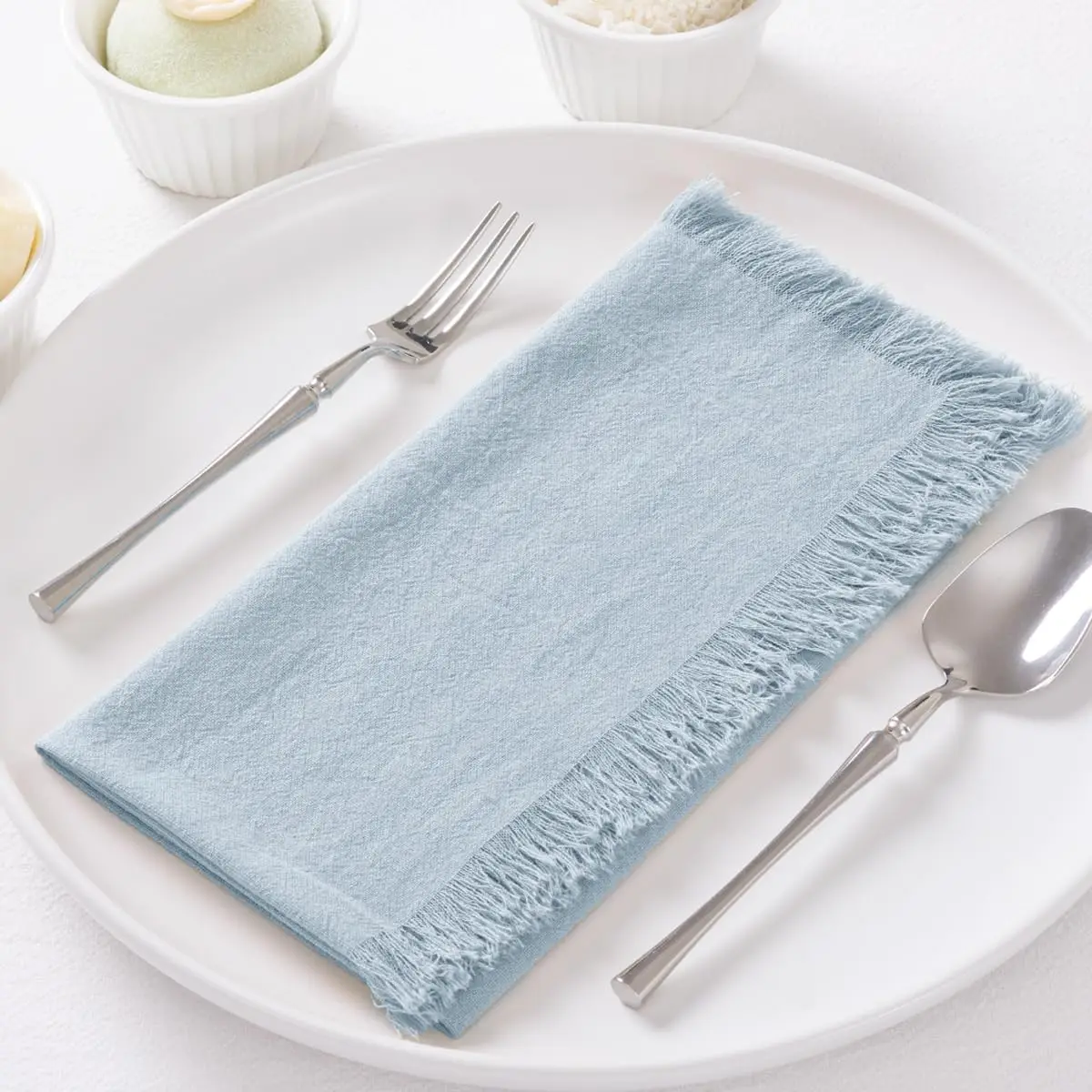 12-Pcs Gray-Blue Cotton Linen Fringe Napkins, Spring Easter Boho Handmade Dinner Set, 16x16 Inches, Bulk for Weddings, Showers,