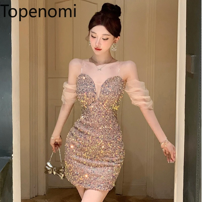 

Topenomi Sexy Strapless V Neck Sequins Formal Party Dresses Women Korean Fashion Backless Slim Waist Short Night Evening Dress