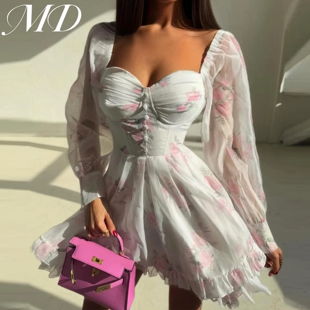 MD New Modern Pink Print Organza Mini Prom Gown Long Sleeve Sweetheart robes de cocktail Corset Birthday Dress Customized 2025