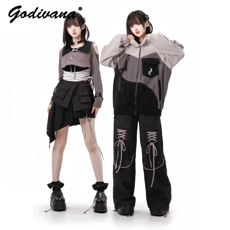 Original Design Autumn and Winter Gray Fleece Jacket Trousers Suit Casual Off Shoulder Long Sleeve Slim T-shirt Top and Skirts