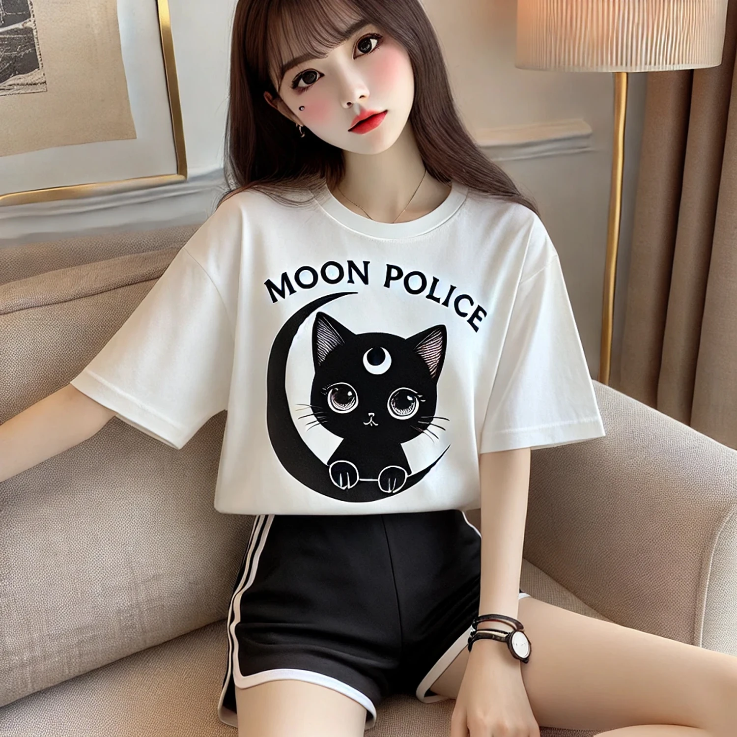 2025 Latest Trendy Women Cropped Short Sleeve Cotton T-Shirt’MOON POLICE’Stylish Chic Perfect for a Casual Fashion Forward Look