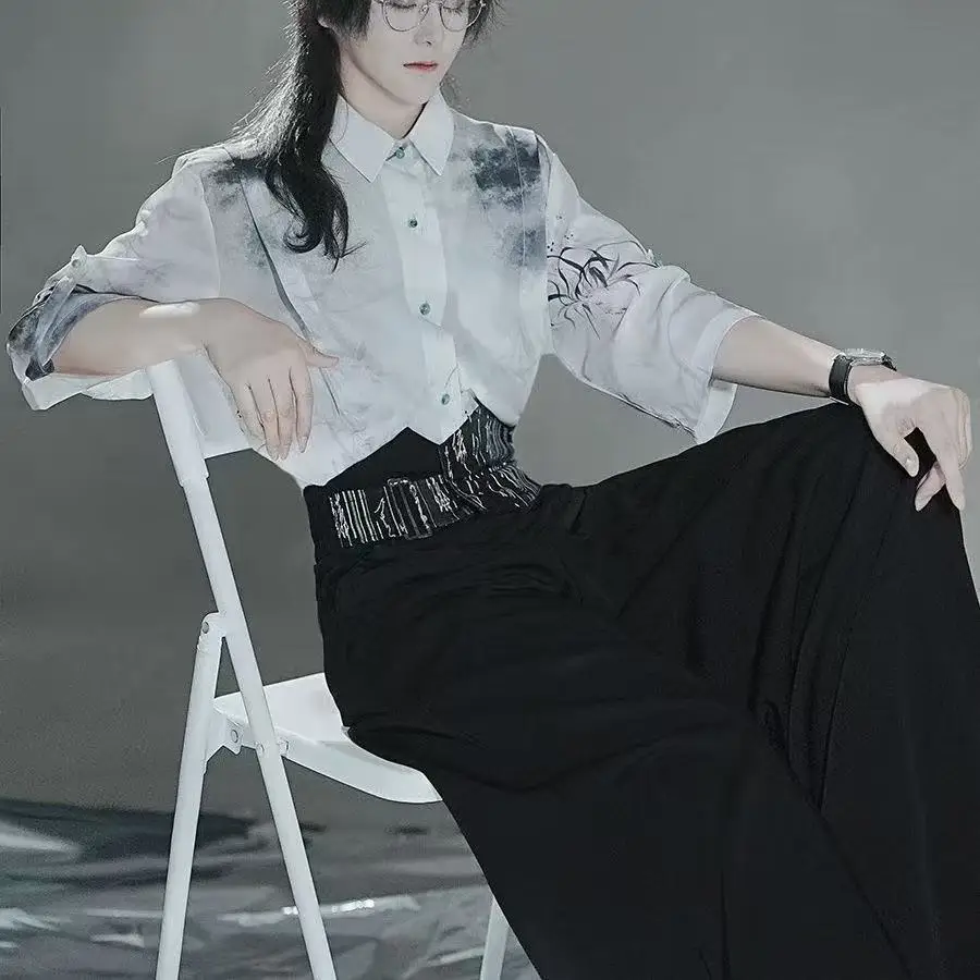 

NIche Bisex New Chinese Style Costume Water Ink Printing Top Shirt Wide Leg Pants 2Pieces Set Stylish Boy Girl Street y2k Outfit