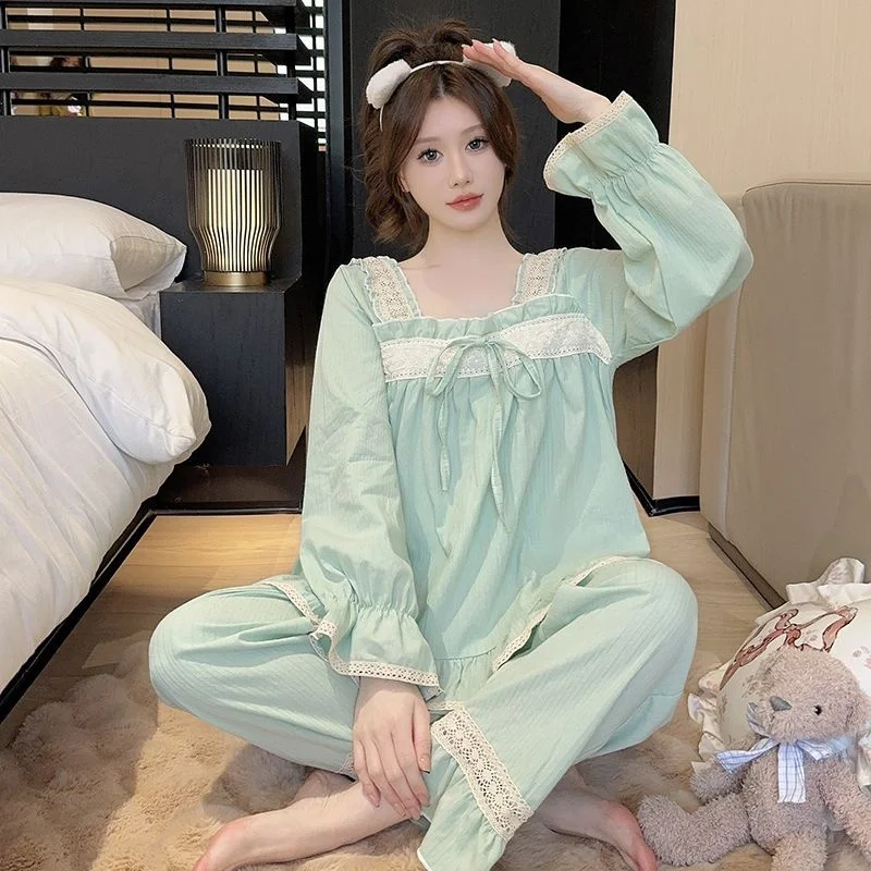 الربيع والخريف Y2K فتاة حلوة وحارة القطن طقم بيجامة بأكمام طويلة نمط الأميرة لطيف يمكن ارتداؤها كملابس خارجية ايمو