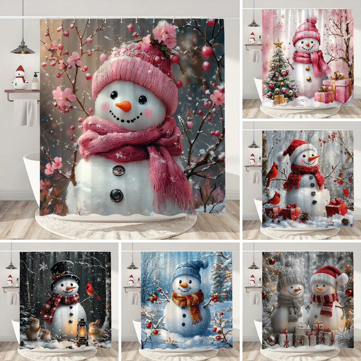 

Christmas Snowman Shower Curtain Xmas Tree Snow Scene Christmas Gifts Holiday Decor Bathroom Polyester Shower Curtain with Hooks