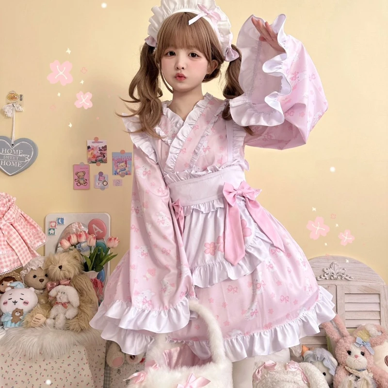 Japońskie sukienka Lolita damskie słodkie śliczne króliczki z kokardą Mini sukienki Harajuku Y2k falbany z fartuchem pokojówka Lolita zestaw