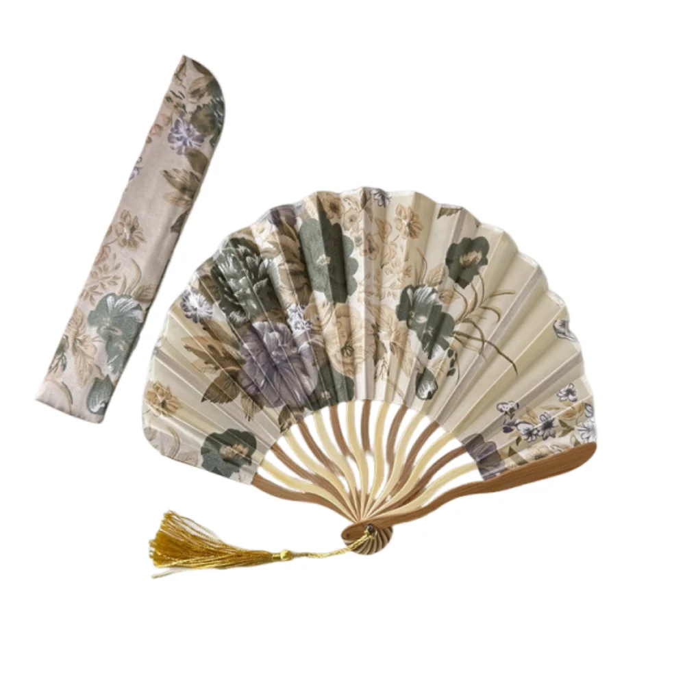 

Performance Chinese Style Silk Folding Fan Classical Flower Handheld Fan with Fan Cover Elegant Tassel Folding Fan Wedding
